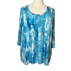 Belle By Kim Gravel Plus Blue Top 2X Liquid Knit Stretch Casual Artsy Everyday
